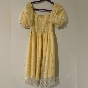 Yellow Puff Sleeve Dress with Floral Embroidery